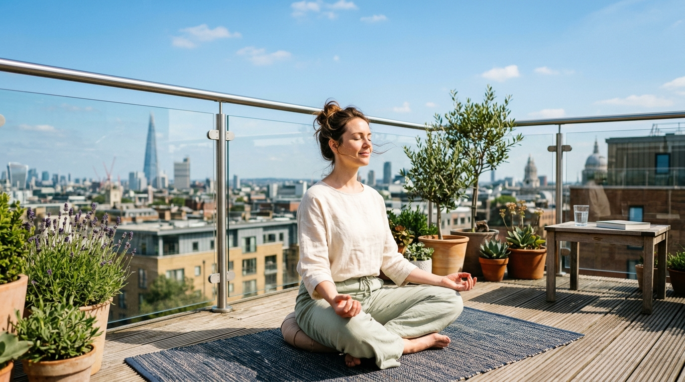 Person macht Atemübungen auf einer sonnigen Dachterrasse